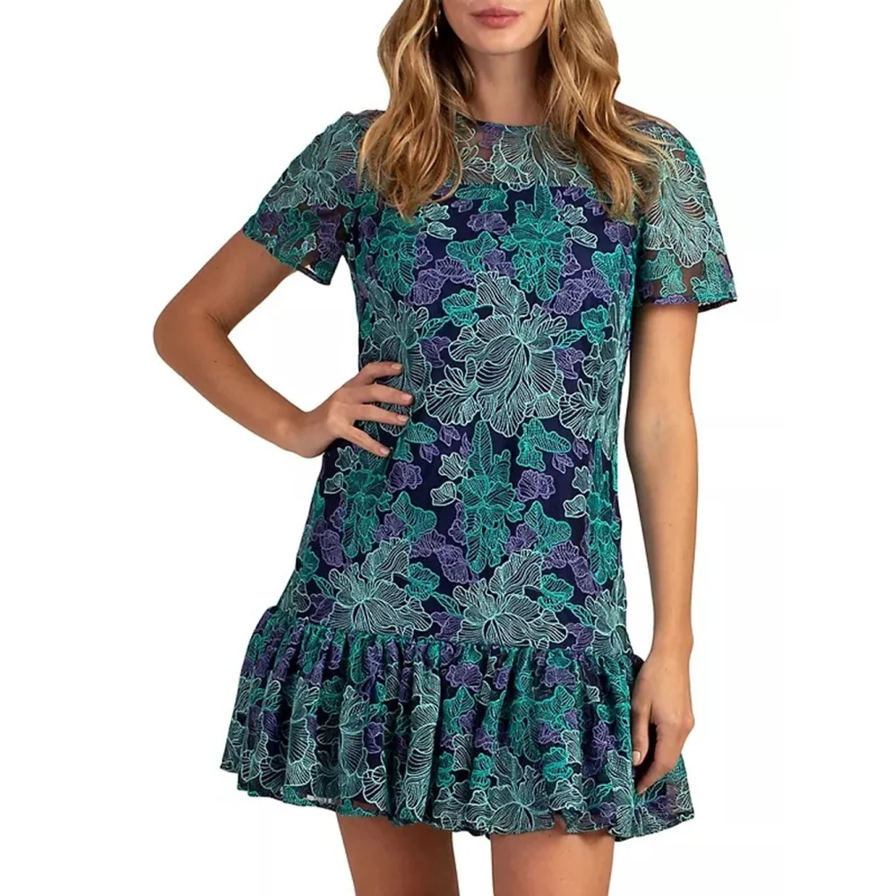 Trina Turk Lace Dress Size 10 Blue Teal Abstract Lace Mini Dress - Picture 1 of 8